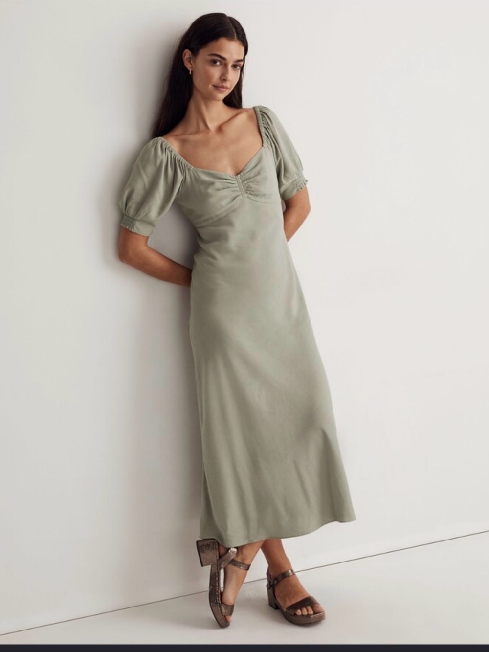 Madewell Sage Green Midi Dress with Puff Sleeves